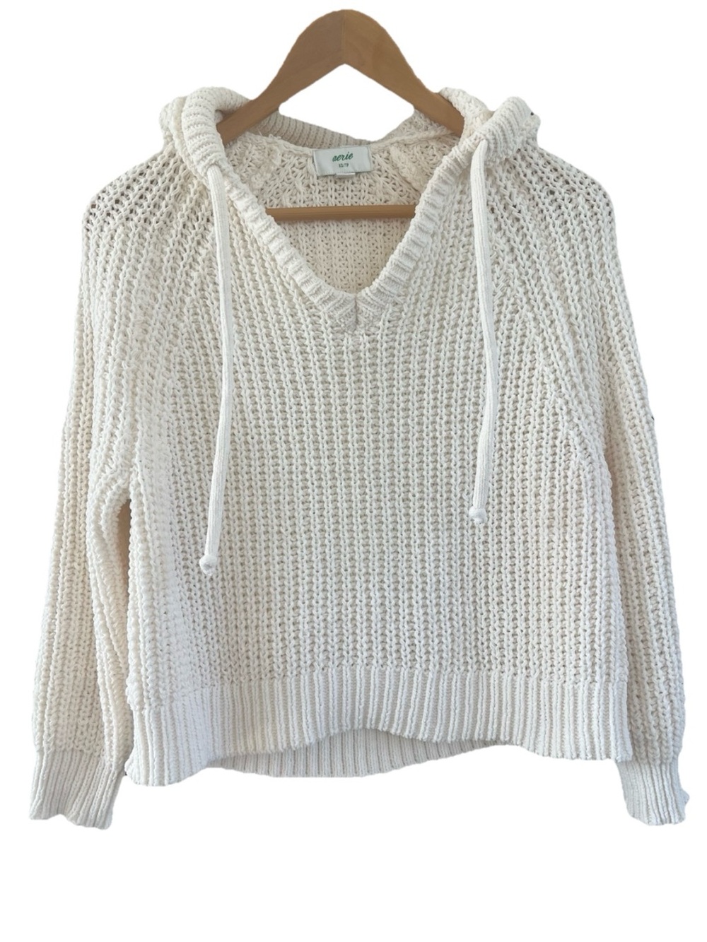 Aerie Chunky Knit Hooded Sweater Women's XS Cream White V-Neck Pullover